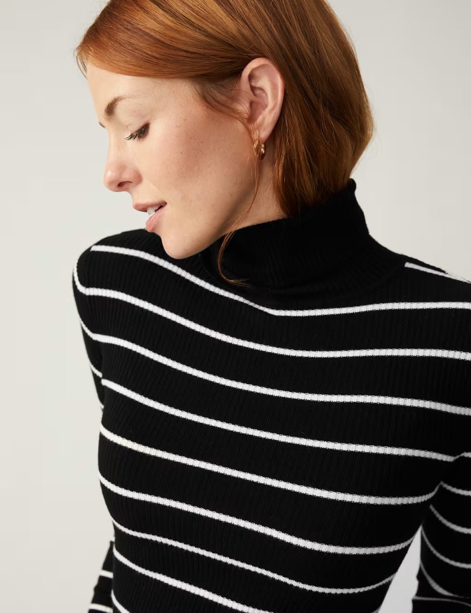Marks & Spencer M&S Striped Ribbed Roll Neck Jumper Black Mix - 2