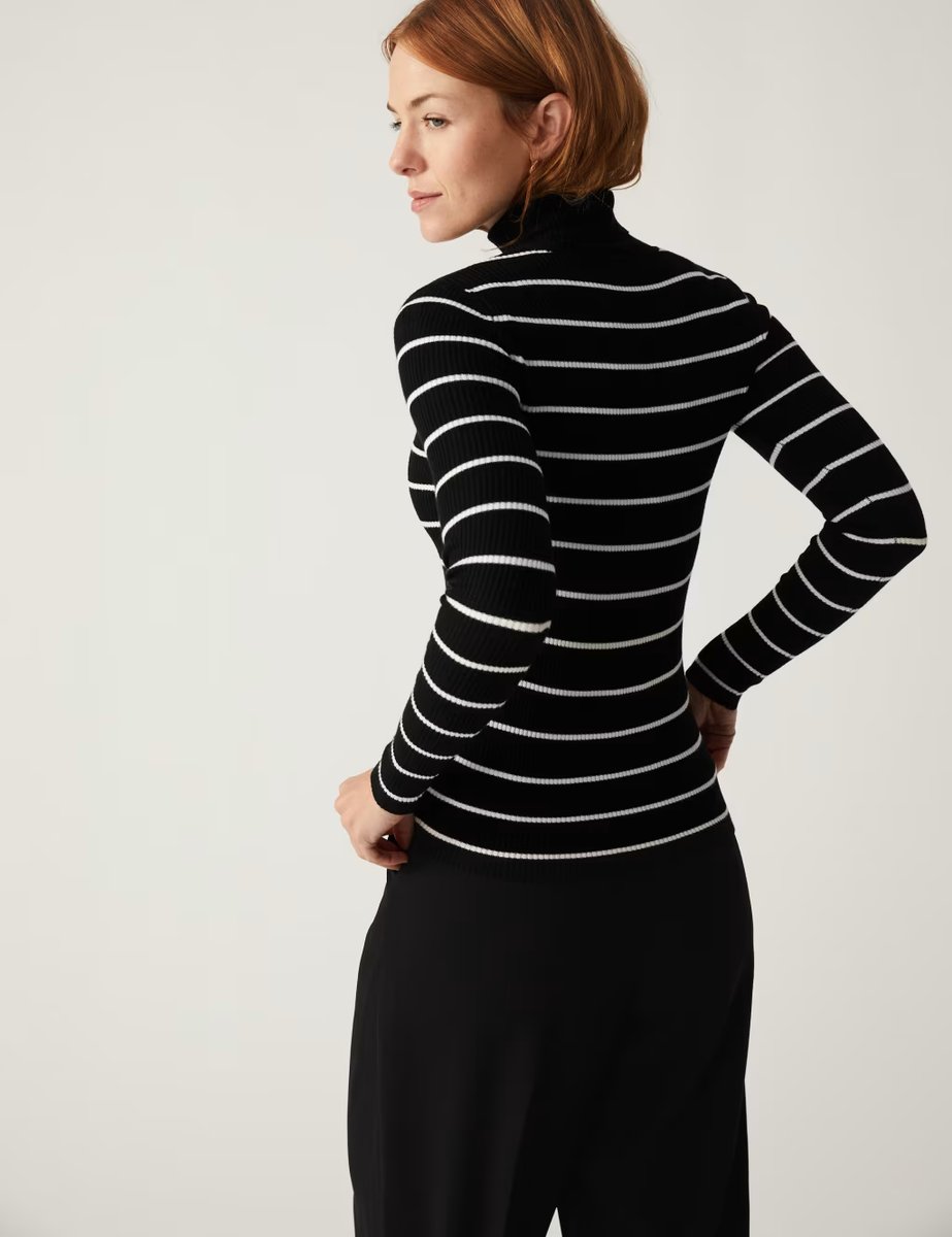 Marks & Spencer M&S Striped Ribbed Roll Neck Jumper Black Mix - 3