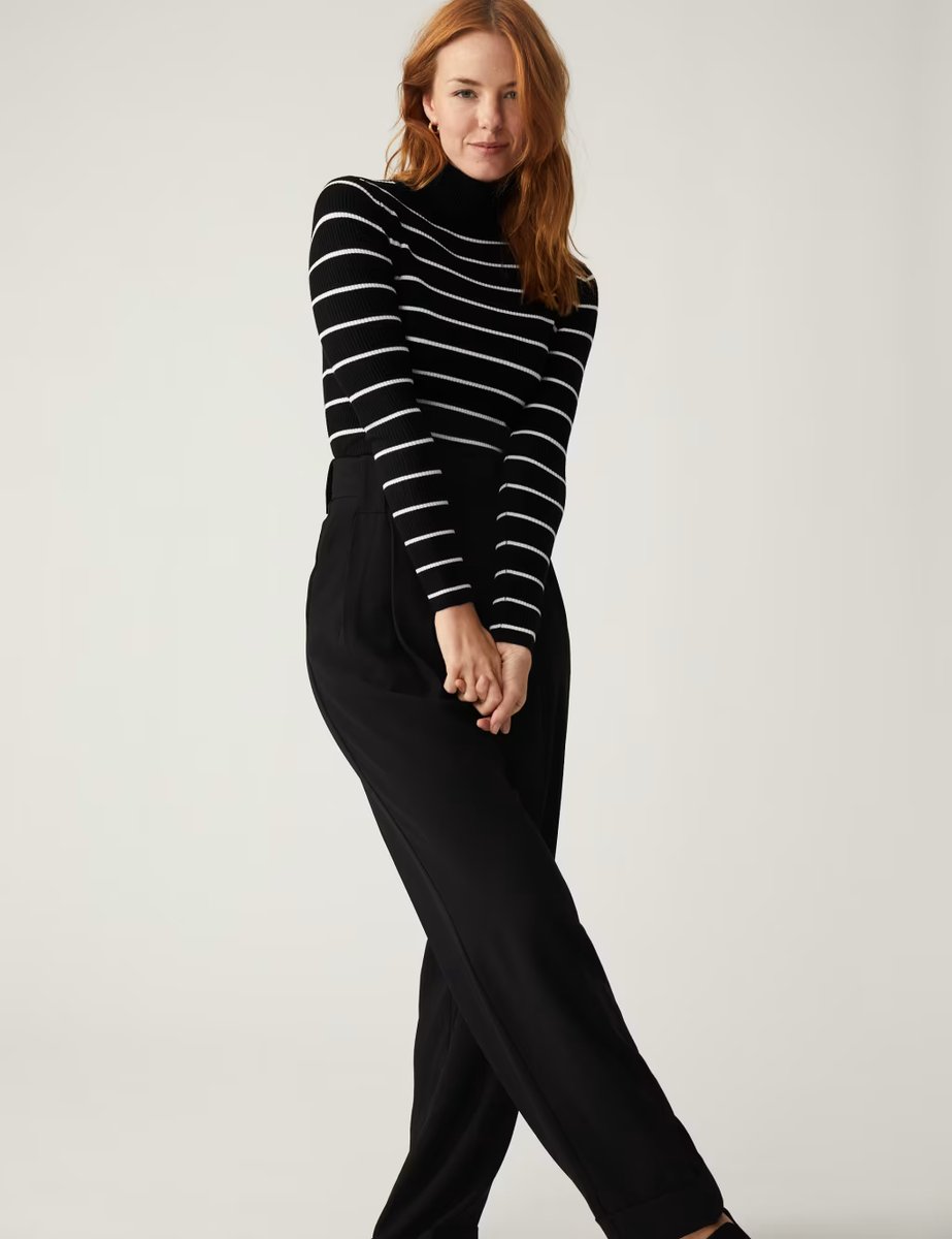 Marks & Spencer M&S Striped Ribbed Roll Neck Jumper Black Mix - 4