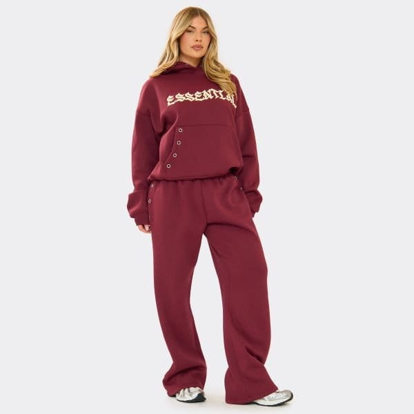EGO Mid Rise Eyelet Detail Graphic Wide Leg Joggers In Burgundy, Women's Size UK 6 - 1