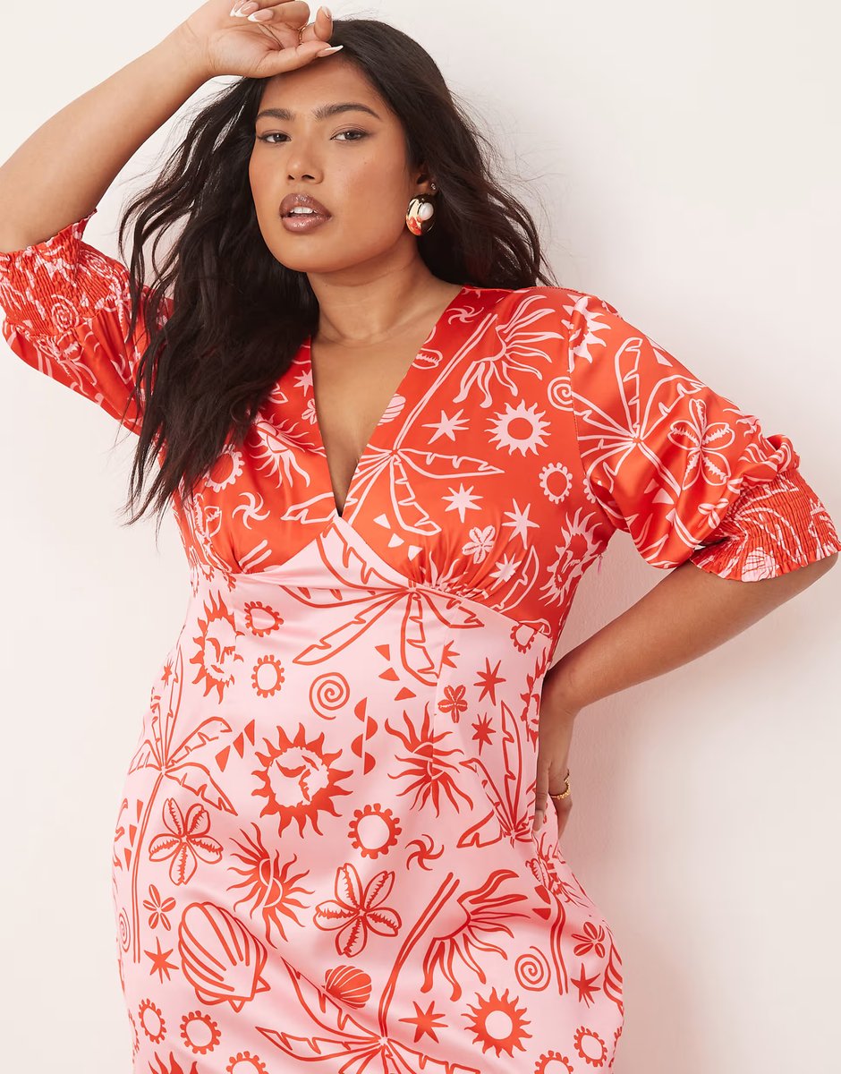 ASOS Never Fully Dressed Plus palm print contrast midaxi dress in red and pink - 3