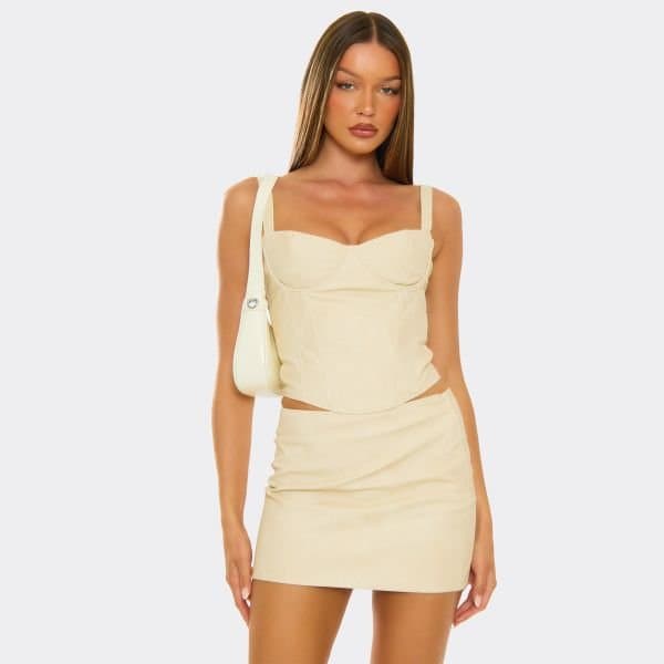 EGO Strappy Underwired Cup Corset Top In Stone Faux Leather, Women's Size UK 6