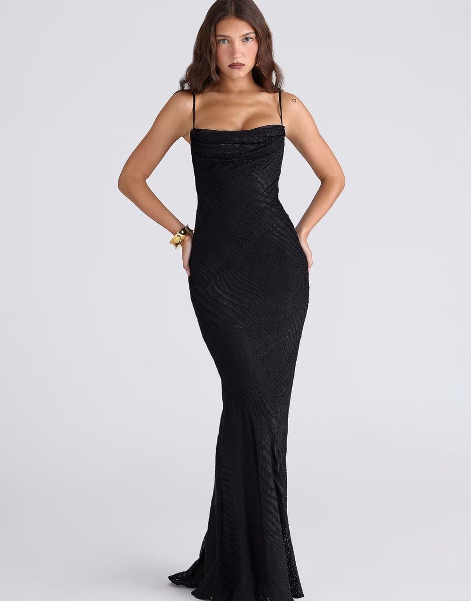 ASOS House of CB Nalani black burnout satin maxi gown in black