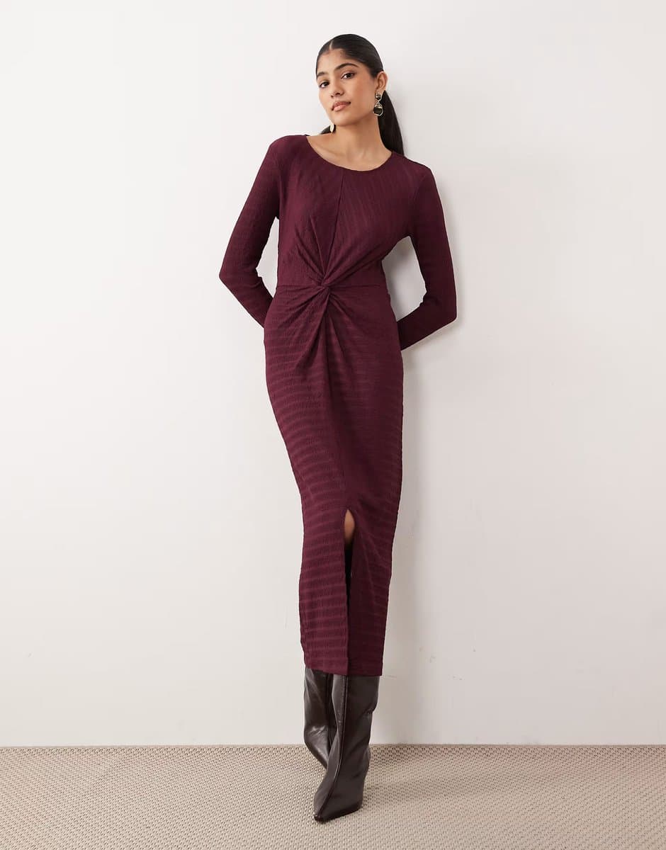 ASOS Vila textured midi dress with twist detail in burgundy