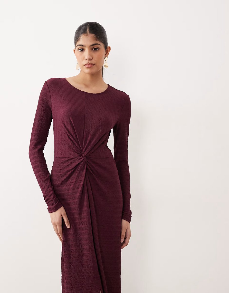 ASOS Vila textured midi dress with twist detail in burgundy - 3