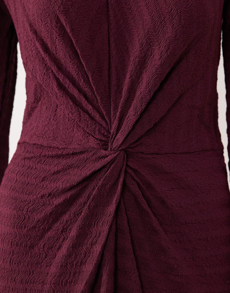 ASOS Vila textured midi dress with twist detail in burgundy - 4