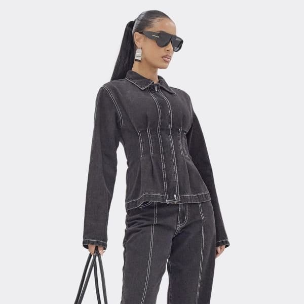 EGO Cinched Waist Collared Zip Down Jacket In Black Denim, Women's Size UK 6 - 1