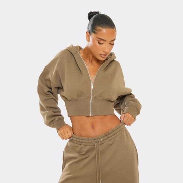 EGO Zip Through Cropped Hoodie In Khaki Green, Women's Size UK 4