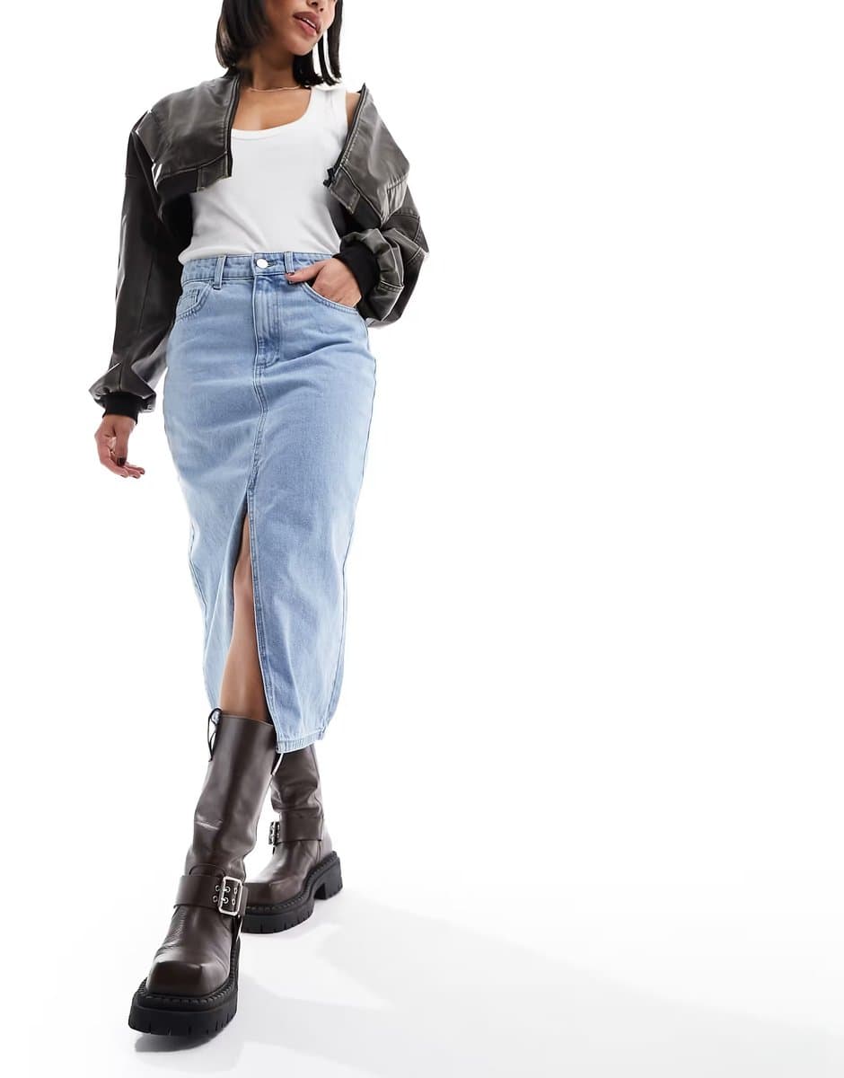 ASOS ONLY denim midi skirt with front split in light blue