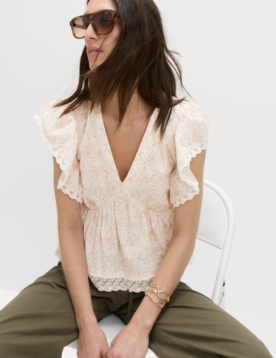 Marks & Spencer M&S Pure Cotton Ruffle Blouse in Peach Mix