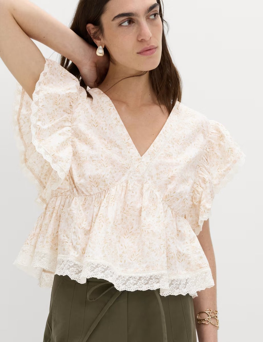Marks & Spencer M&S Pure Cotton Ruffle Embroidered Detail Blouse Peach Mix - 2