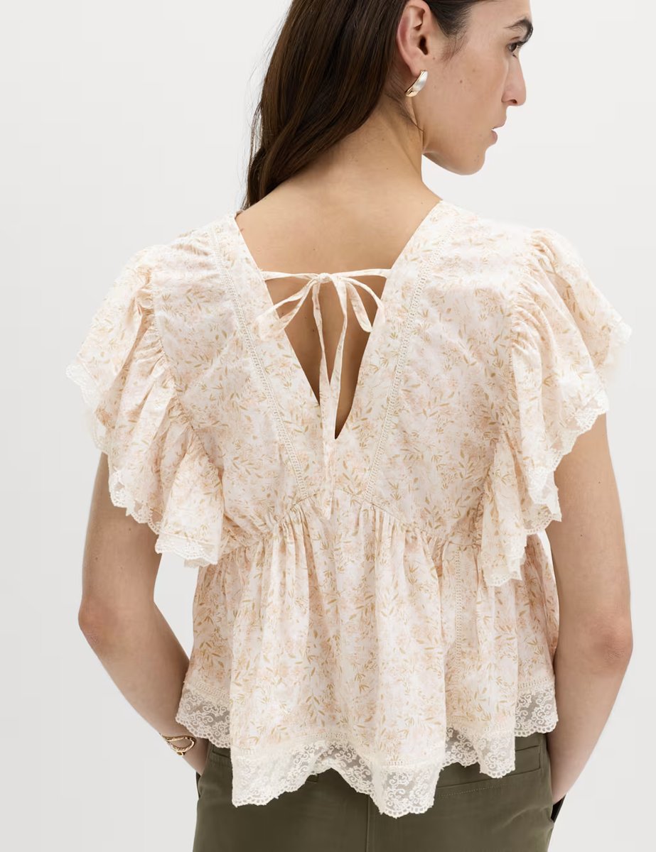 Marks & Spencer M&S Pure Cotton Ruffle Embroidered Detail Blouse Peach Mix - 3