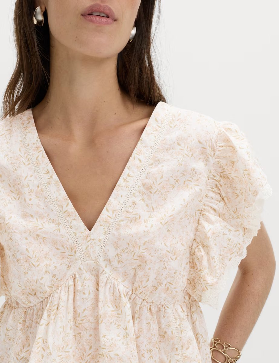 Marks & Spencer M&S Pure Cotton Ruffle Embroidered Detail Blouse Peach Mix - 4