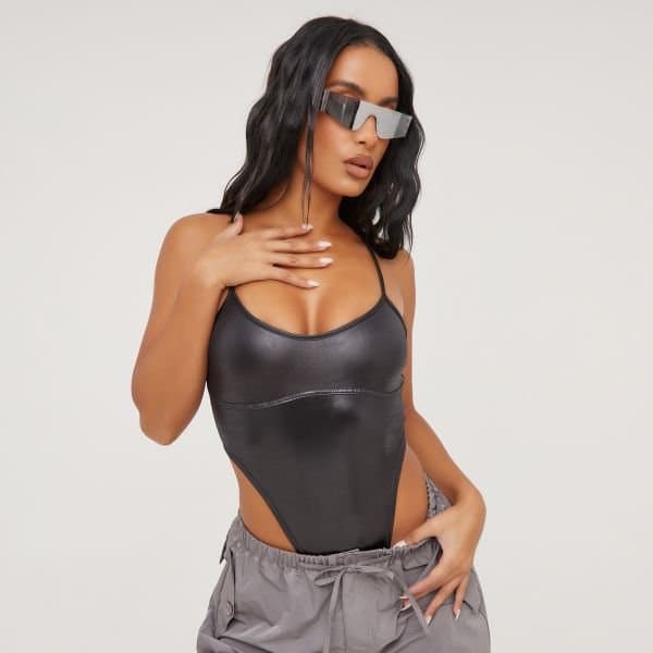 EGO Strappy Binding Detail Bodysuit In Black, Women's Size UK 12