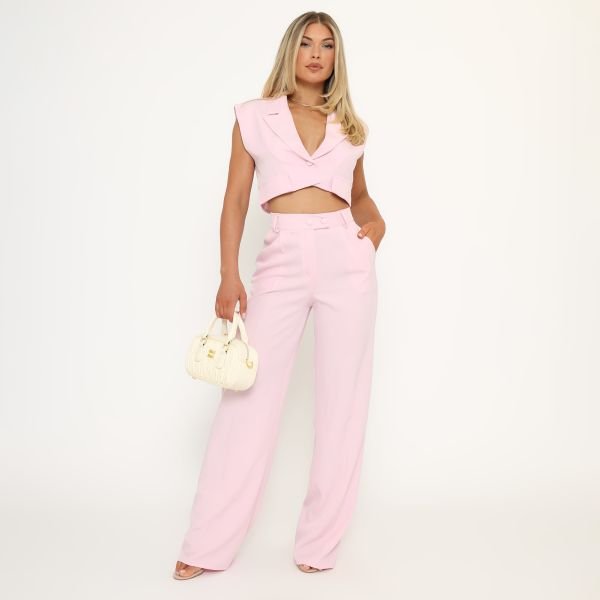 EGO Plunge Neck Button Front Sleeveless Tailored Crop Top In Pink, Women's Size UK 16 - 2