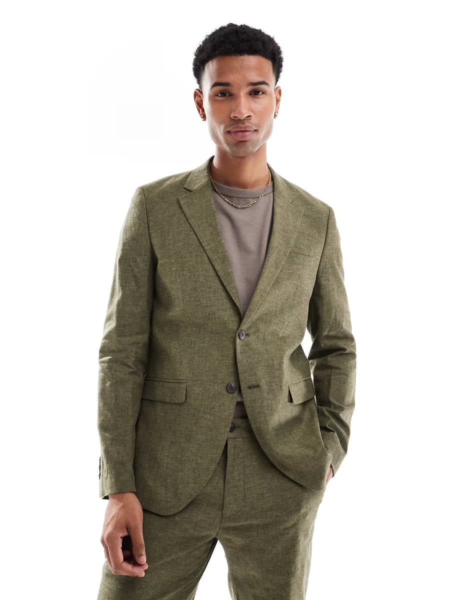 ASOS ASOS Jack & Jones Premium Olive Green Slim Fit Linen Jacket
