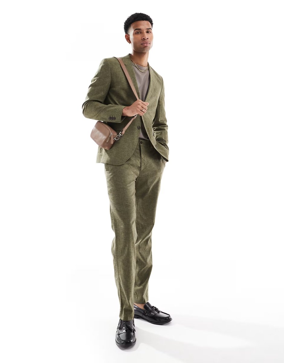 ASOS Jack & Jones Premium slim fit linen suit jacket in olive green - 4
