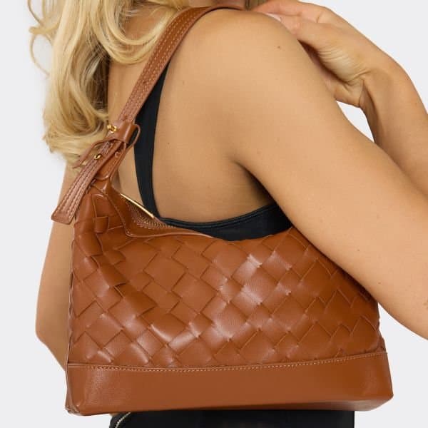 EGO Snow Woven Detail Shaped Shoulder Bag In Tan Faux Leather, Women's Size UK One Size