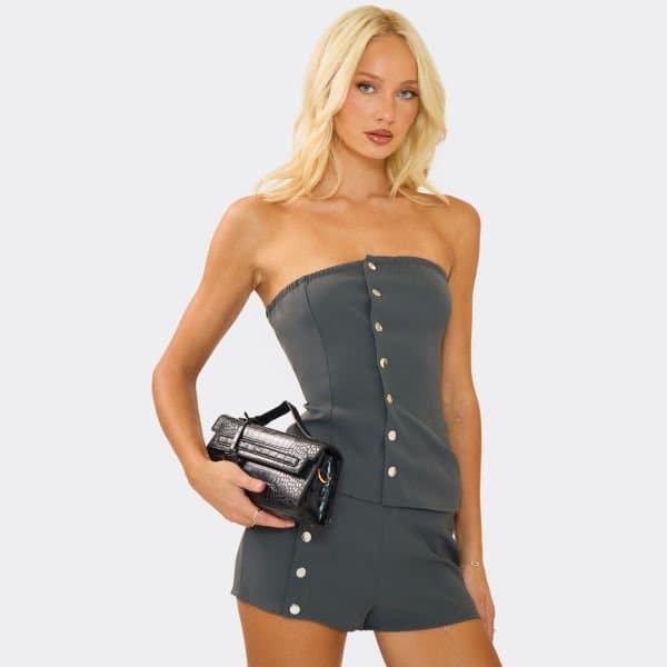 EGO Bandeau Popper Front Fitted Top In Charcoal Grey, Women's Size UK 6