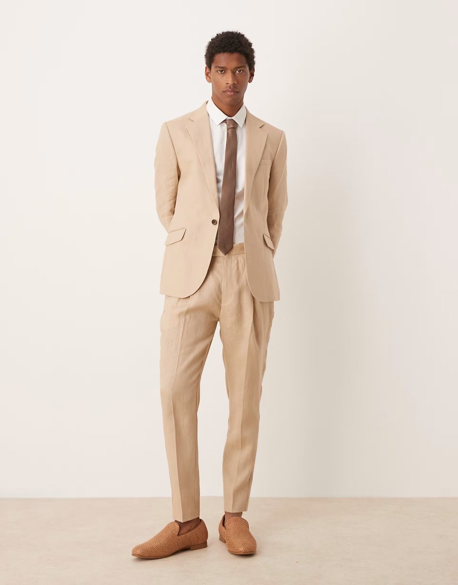 ASOS ASOS DESIGN premium 100% linen slim suit jacket in stone - 2