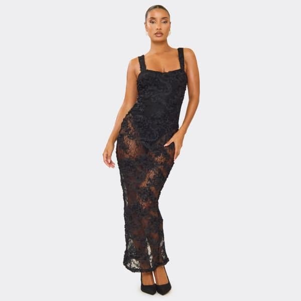 EGO Square Neck Bodysuit Maxi Dress In Black Floral Lace, Women's Size UK 6
