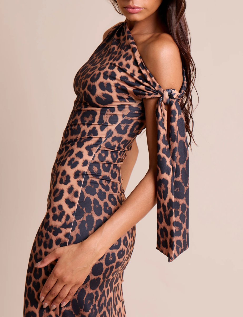 Public Desire Knot Detail Asymmetric One Shoulder Luxe Slinky Maxi Dress Leopard - 2