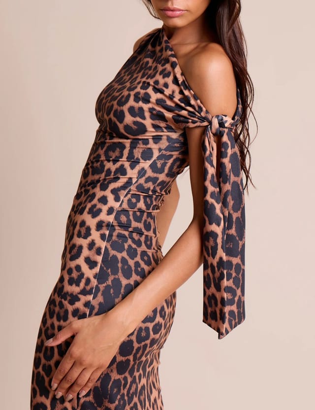 Public Desire Knot Detail Asymmetric One Shoulder Luxe Slinky Maxi Dress Leopard - 2