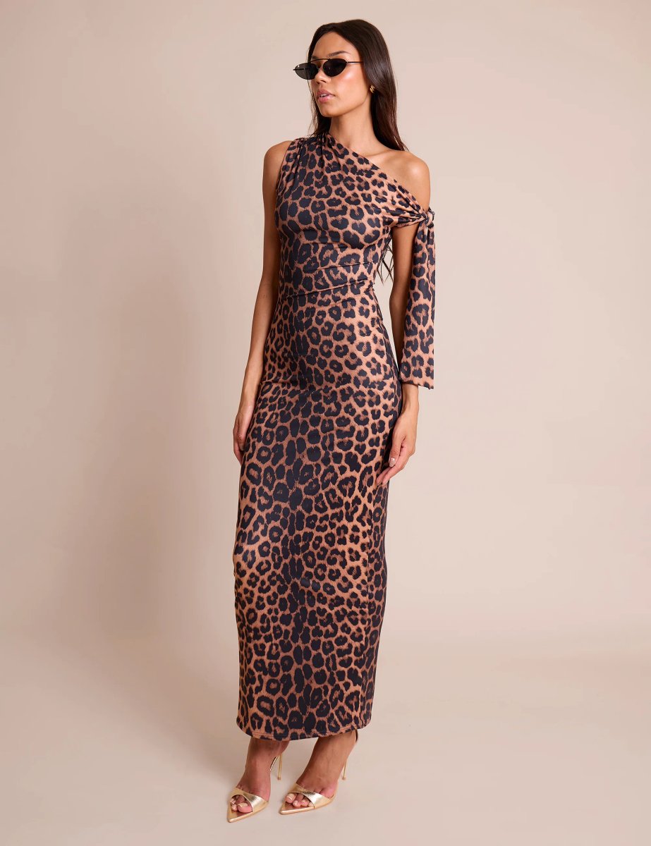 Public Desire Knot Detail Asymmetric One Shoulder Luxe Slinky Maxi Dress Leopard - 3