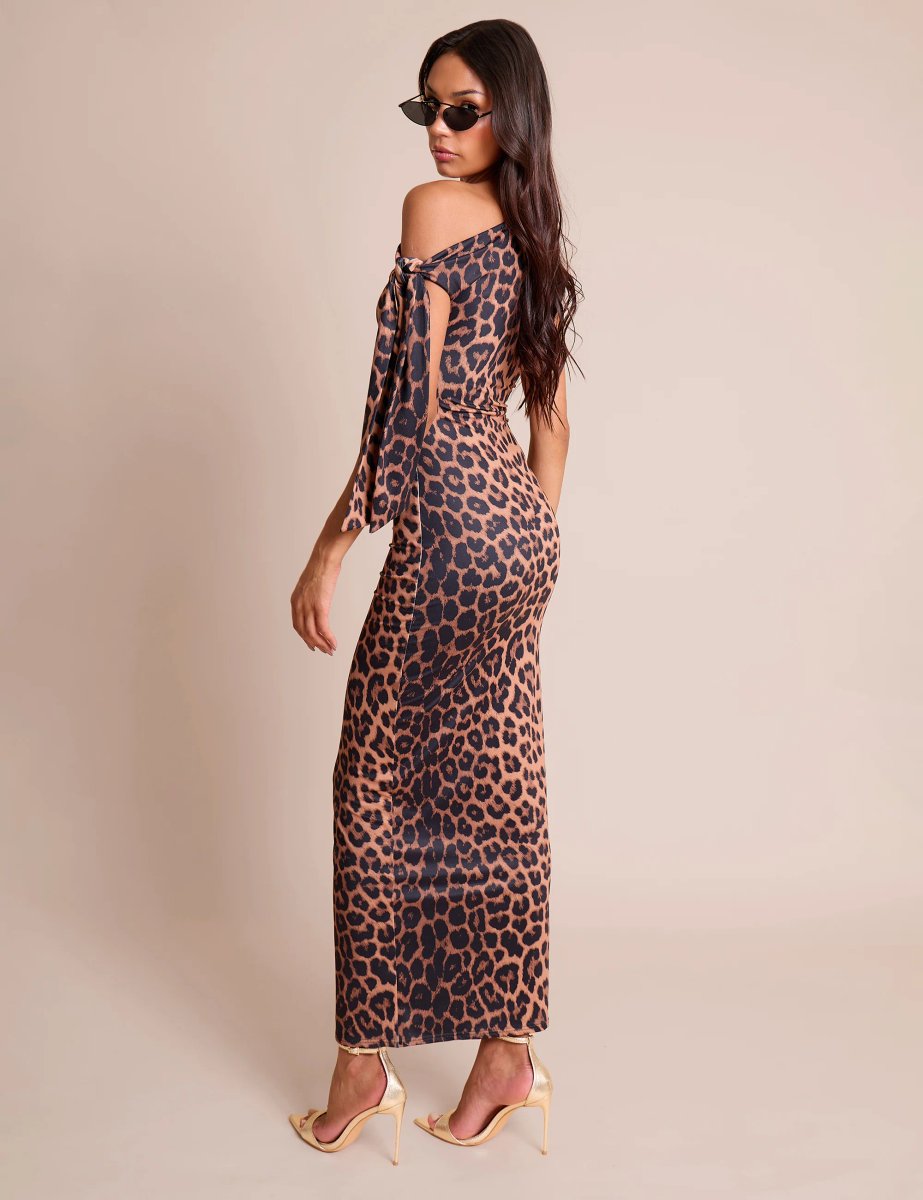 Public Desire Knot Detail Asymmetric One Shoulder Luxe Slinky Maxi Dress Leopard - 4