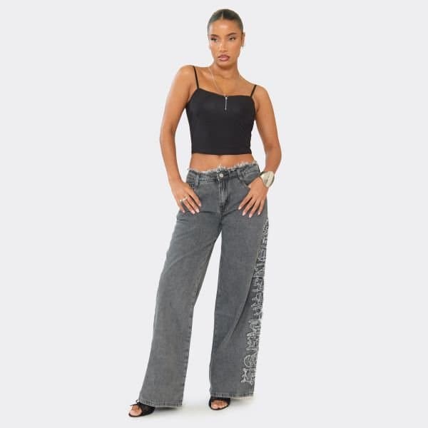 EGO Low Rise Frayed Waist Established Graphic Detail Wide Leg Jeans In Black Denim, Women's Size UK 6