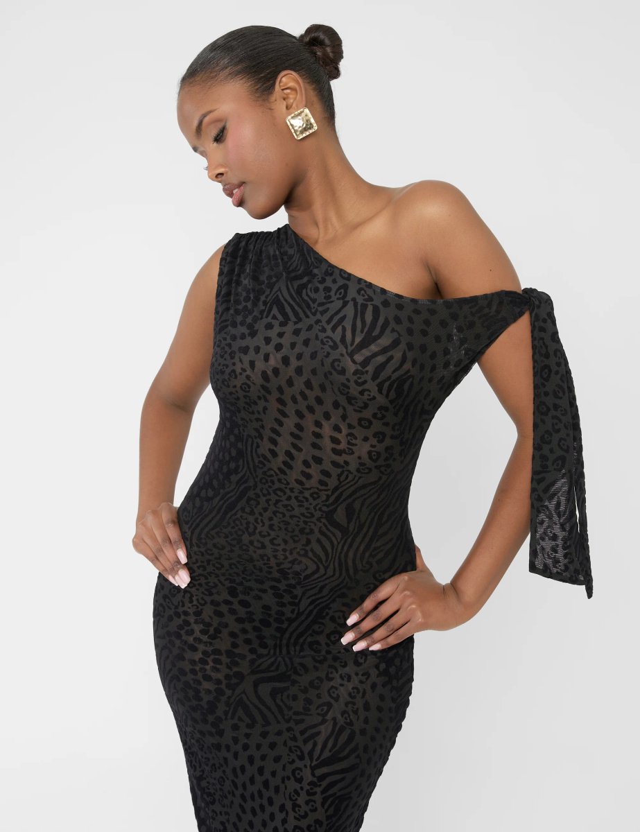 Public Desire Knot Detail Asymmetric One Shoulder Maxi Dress Devore Leopard Black - 2