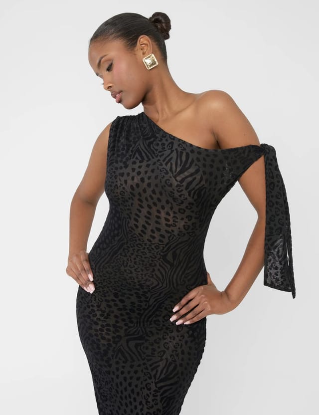 Public Desire Knot Detail Asymmetric One Shoulder Maxi Dress Devore Leopard Black - 2