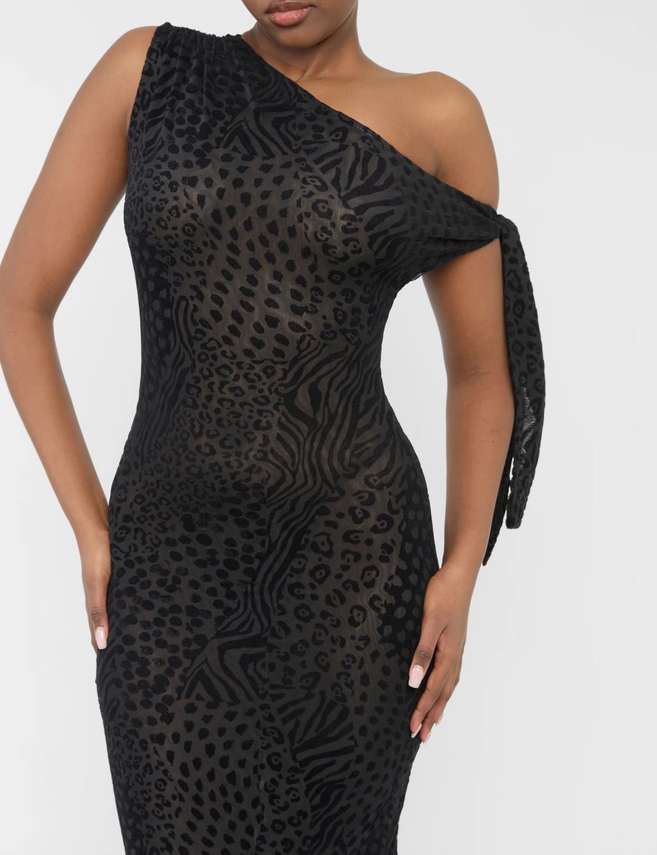 Public Desire Knot Detail Asymmetric One Shoulder Maxi Dress Devore Leopard Black - 3