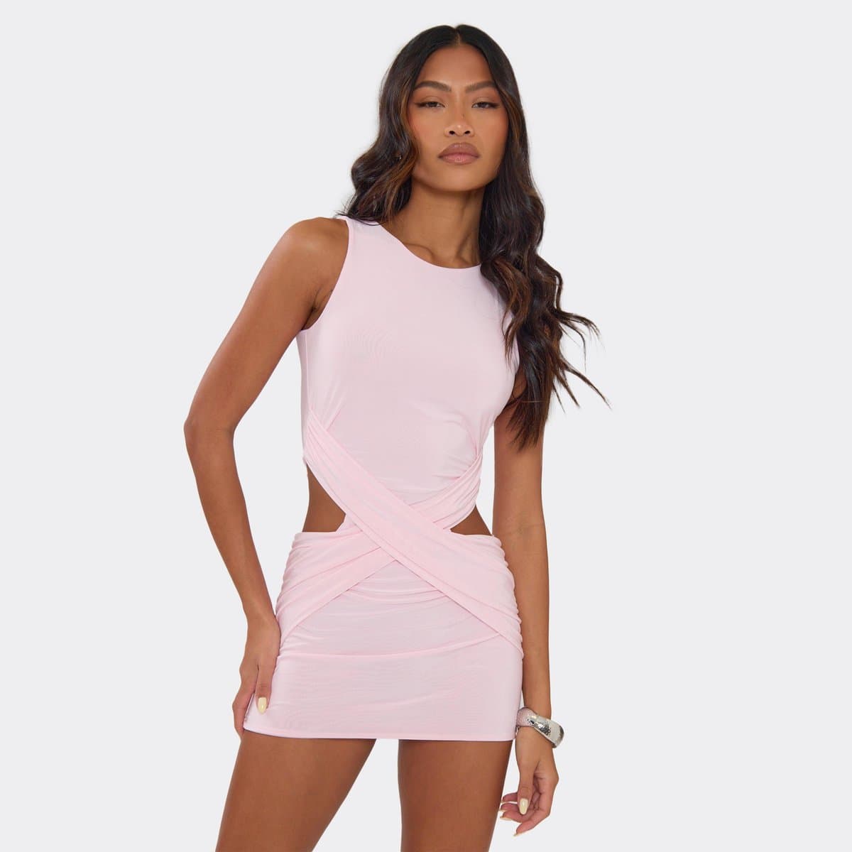 EGO Sleeveless Twisted Front Cut Out Side Mini Dress In Baby Pink, Women's Size UK 6