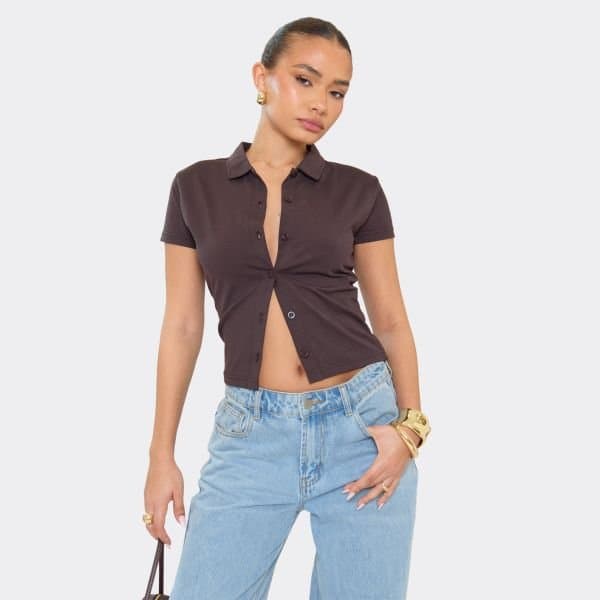 EGO Short Sleeve Button Down T-Shirt In Chocolate Brown, Women's Size UK 6
