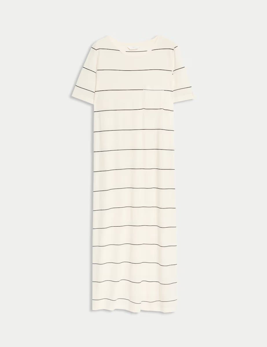 Marks & Spencer M&S Cotton Modal Long Striped Nightdress Ivory Mix