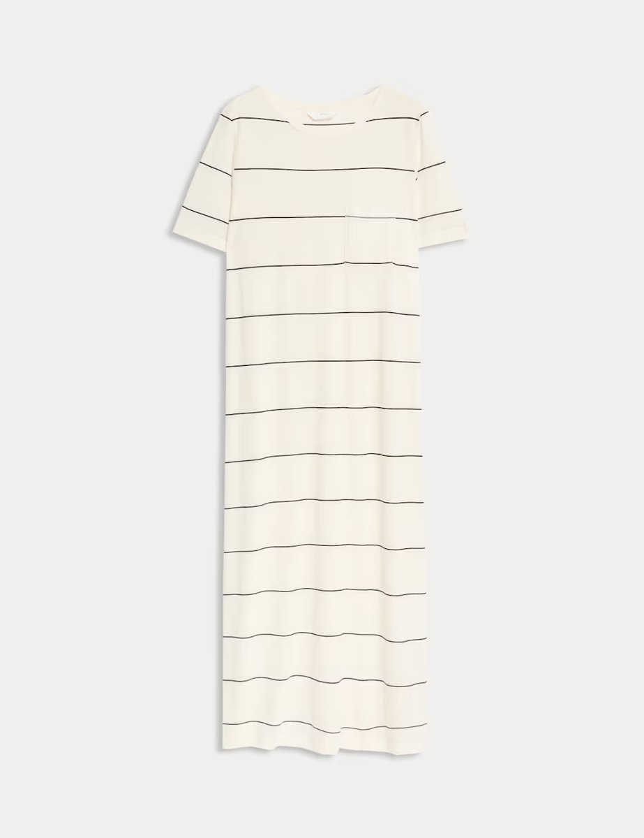 Marks & Spencer M&S Cotton Modal Long Striped Nightdress Ivory Mix - 2