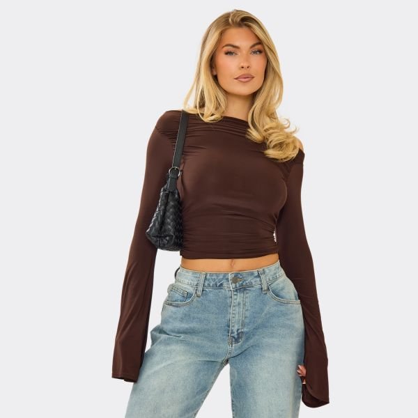 EGO Bardot Flared Sleeve Top In Chocolate Brown Slinky, Women's Size UK 4 - 1