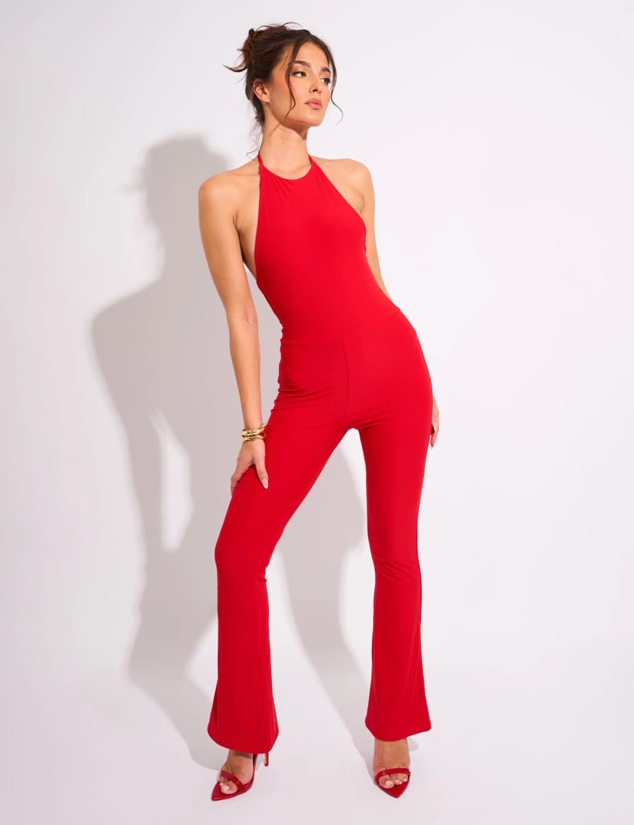 Public Desire Tie Back Luxe Slinky Jumpsuit Red