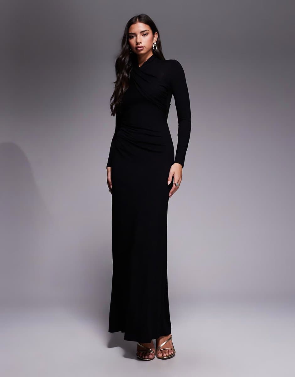 ASOS ASOS DESIGN long sleeve high neck drape maxi dress in black