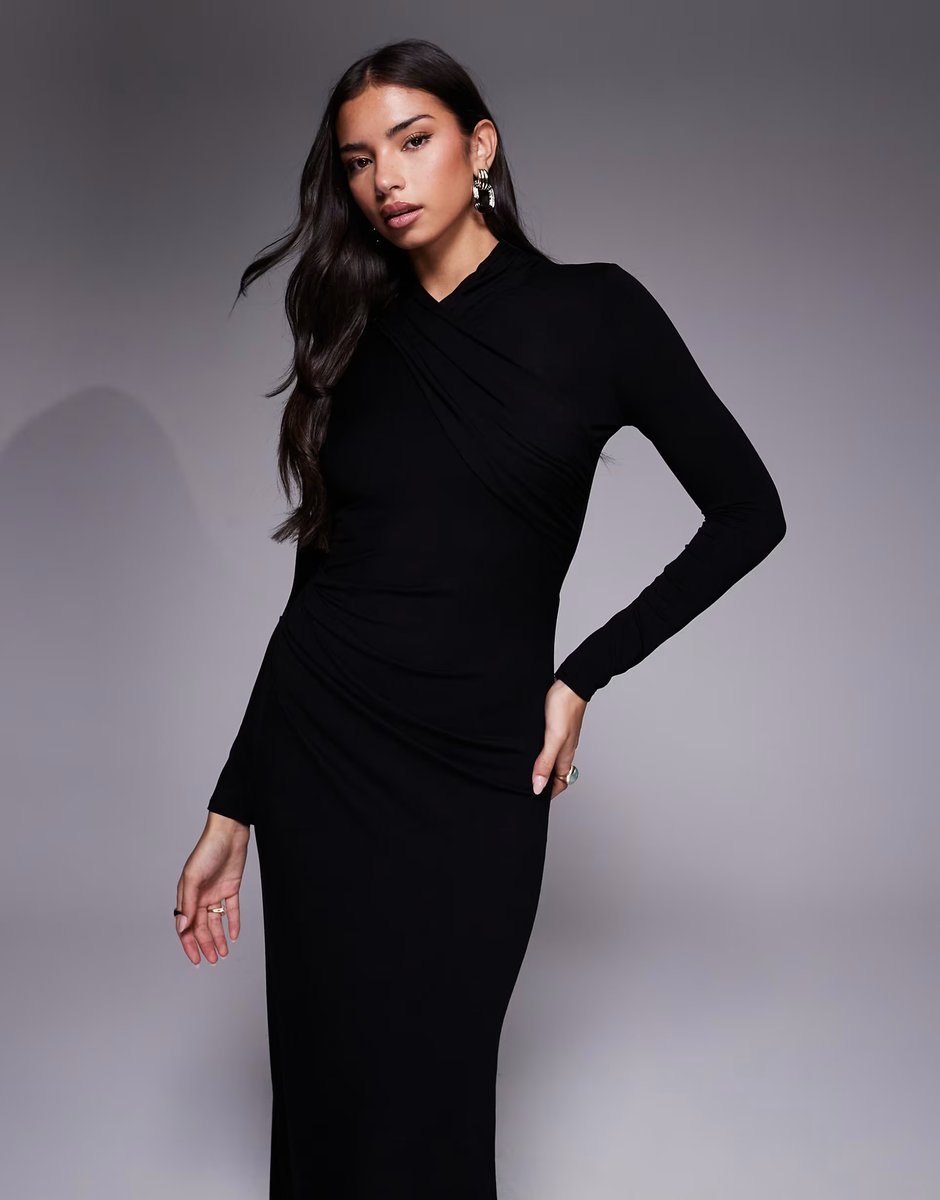 ASOS ASOS DESIGN long sleeve high neck drape maxi dress in black - 4