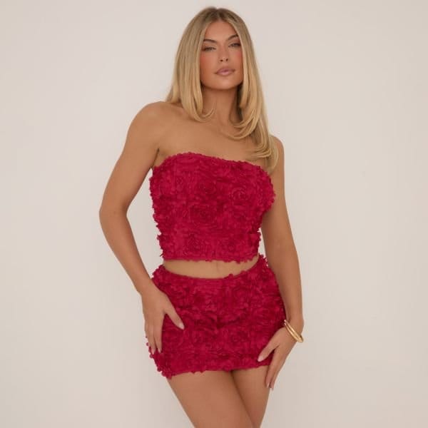 EGO Bandeau Floral Textured Detail Crop Top In Red, Women's Size UK 4 - 1