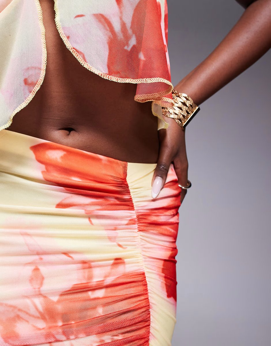 ASOS Missyempire mesh ruched side ruffle split maxi skirt co-ord in yellow & pink flower print - 3