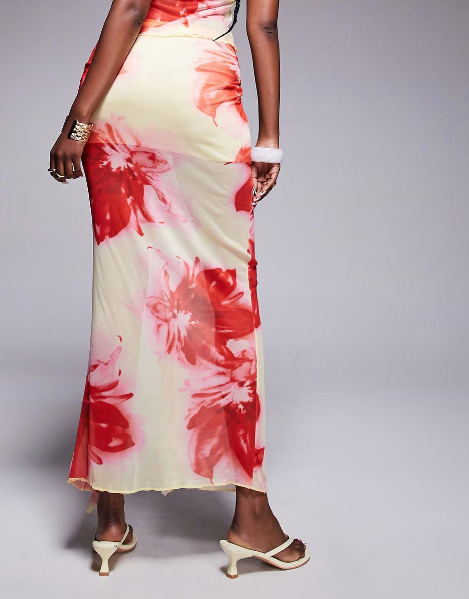 ASOS Missyempire mesh ruched side ruffle split maxi skirt co-ord in yellow & pink flower print - 4