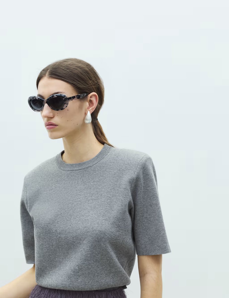 Marks & Spencer M&S Shoulder Pad Knitted Top with Wool Mid Grey Marl - 4