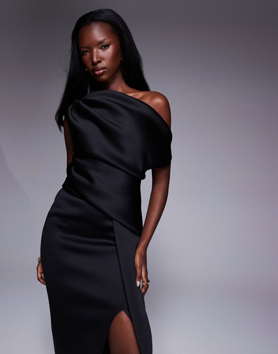 ASOS ASOS DESIGN fallen shoulder manipulated fold midi dress in black scuba-style fabric - 3