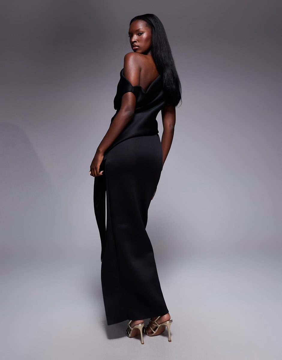 ASOS ASOS DESIGN fallen shoulder manipulated fold midi dress in black scuba-style fabric - 4