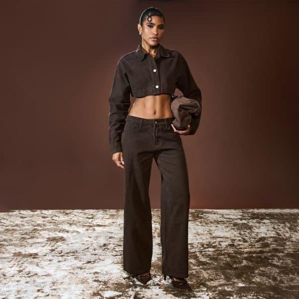 EGO EGO Long Sleeve Extreme Cropped Jacket in Chocolate Brown Denim