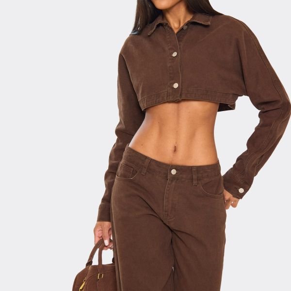 EGO Long Sleeve Extreme Cropped Jacket In Chocolate Brown Denim, Women's Size UK 4 - 2