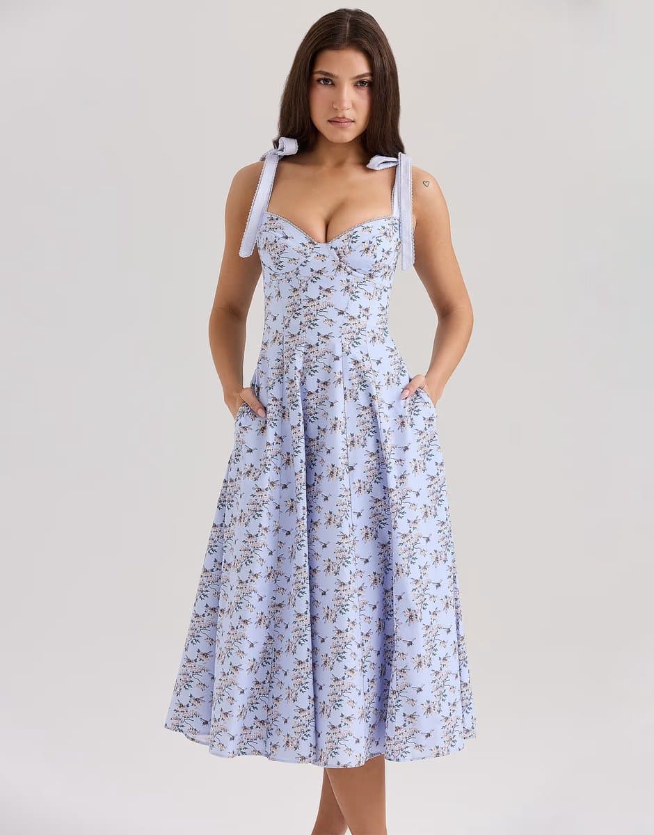 ASOS House of CB Emely stretch cotton midi sundress in blue floral print